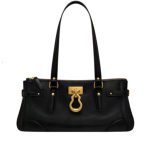 Leather Shoulder Bag with Gold Buckle Detail