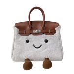 Grey Smiley Plush Handbag with Brown Leather Trim