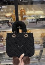 Kawaii Black Fuzzy Smiley Tote Bag - Image 7