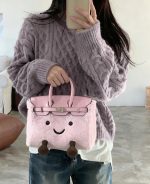 Kawaii Pink Furry Smiley Handbag with Metal Lock - Image 6