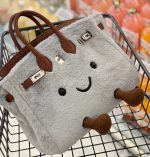 Grey Smiley Plush Handbag with Brown Leather Trim - Image 7