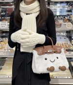 Grey Smiley Plush Handbag with Brown Leather Trim - Image 6