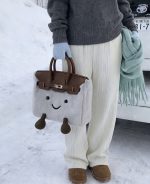 Grey Smiley Plush Handbag with Brown Leather Trim - Image 8