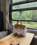 Grey Smiley Plush Handbag with Brown Leather Trim - Image 5