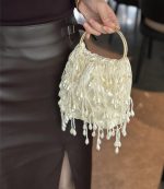 Hand-Beaded Pearl Tassel Evening Clutch - Image 2